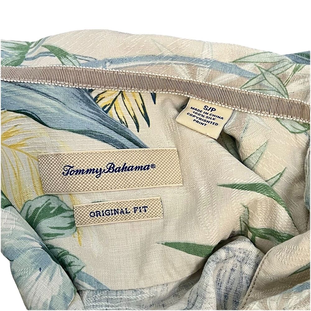 Tommy Bahama Hawaiian Shirt Sz Small 100% Silk Button Up Loop Collar Beige Blue - Picture 6 of 9
